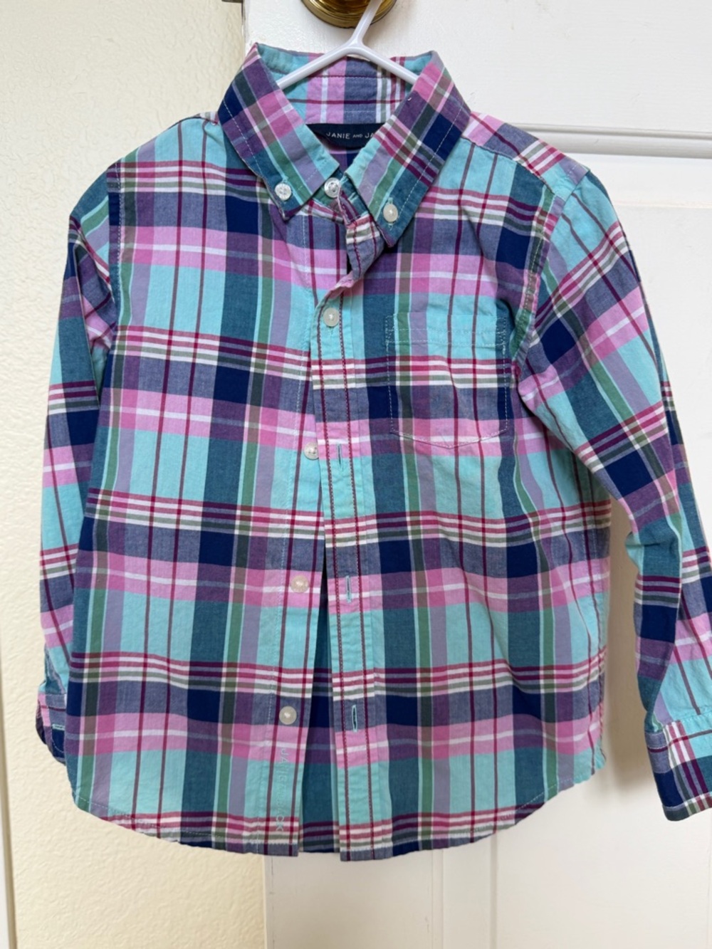 Janie and Jack Plaid Button-Down Shirt - Aqua, Pink & Navy